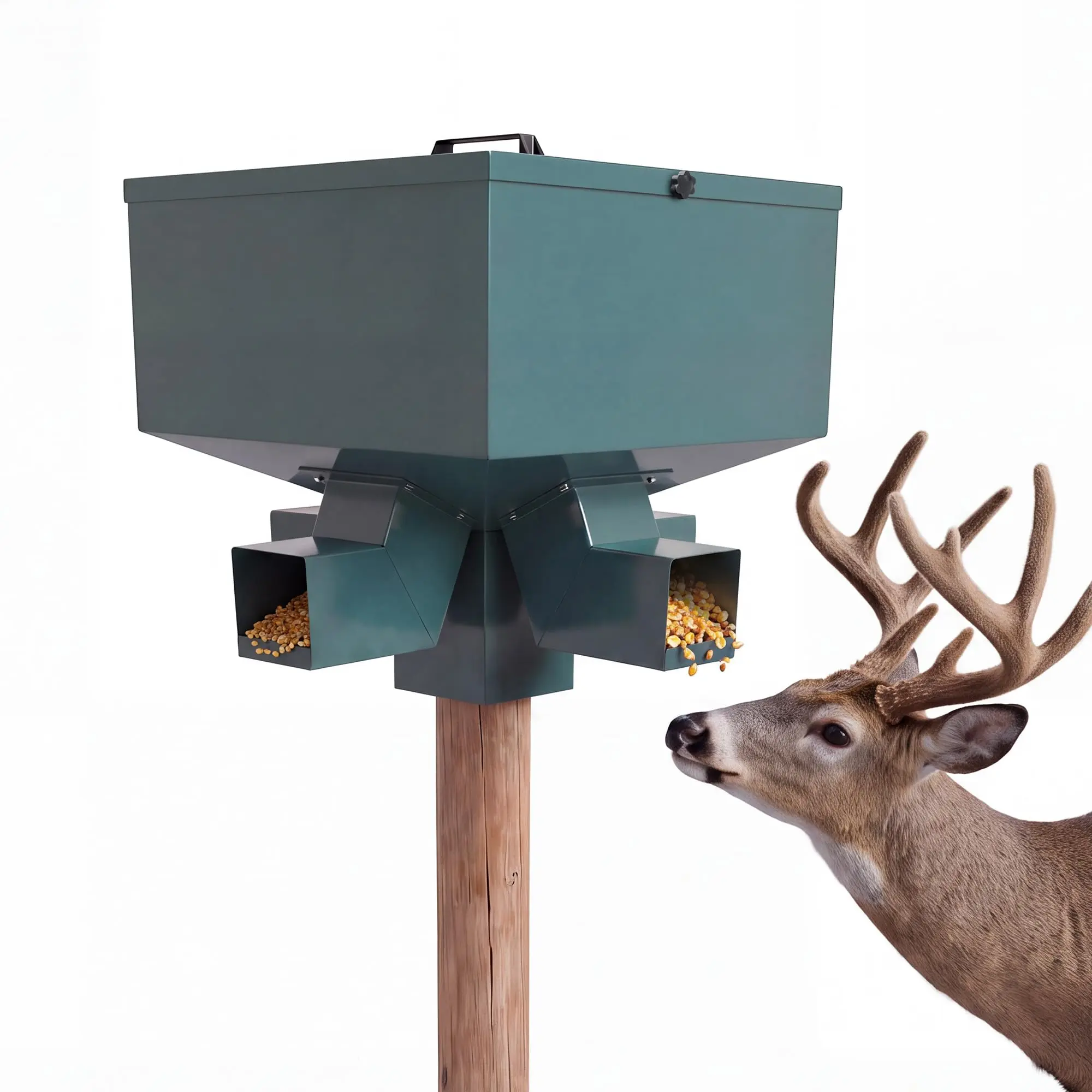 No-Battery Deer Feeder, 80 lb Gravity Wildlife Feeder with 4 Feed Ports, Galvanized Steel, Weather-Resistant, Holds Corn & Protein Pellets