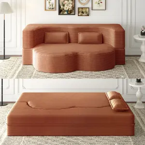 Modern Floor Sofa Loveseat Couch Sleeper Bed with 2 Pillows,Convertible Plush Corduroy Foam-Filled Sleeper Sofa Bed,15" Full Size Folding Mattress for Living Room,Guest Bed,no assembly required,Orange