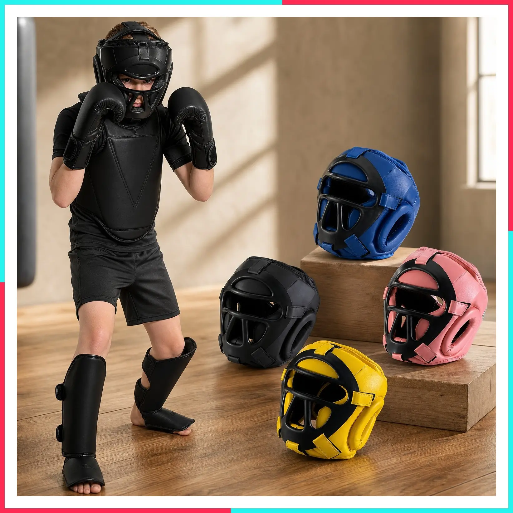 Kids Boxing Headgear Youth Wrestling Headgear for Ages 4-13, MMA Kickboxing Muay Thai BJJ Karate Head Guard for Boys & Girls (Black)