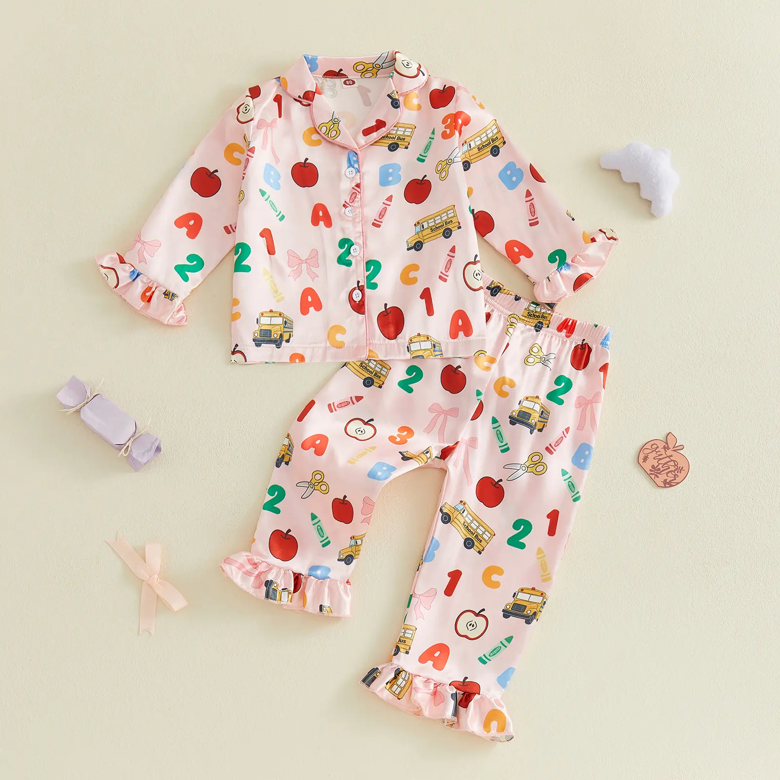 Kids Boys Girls Back to School Pajamas Set Apple Number Pencil Print Long Sleeve Tops Elastic Waist Pants 2 Pieces Satin Sleepwear