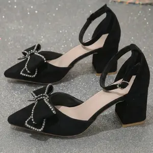 Women's Elegant Satin Bow Chunky High Heel Shoes - Fashionable Square Toe Ankle Strap Sandals for Wedding Bridal Outfits Black Girl