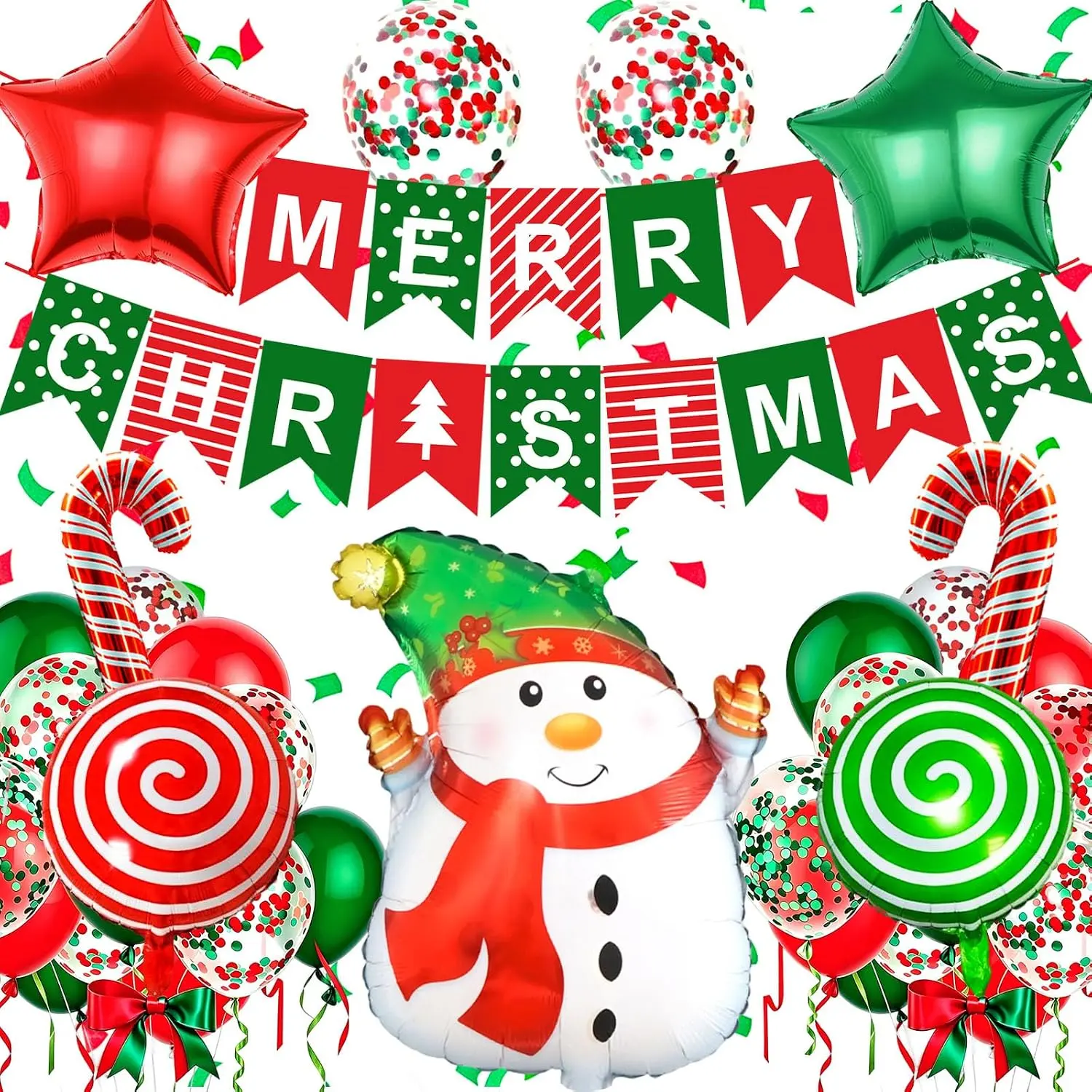 24 count Christmas Balloons Set, Merry Christmas Banner With Snowman Candy Cane Balloon, Red And Green Balloons for Candy Cane Decorations, Xmas  Year Holiday Party Decorations Indoor Outdoor