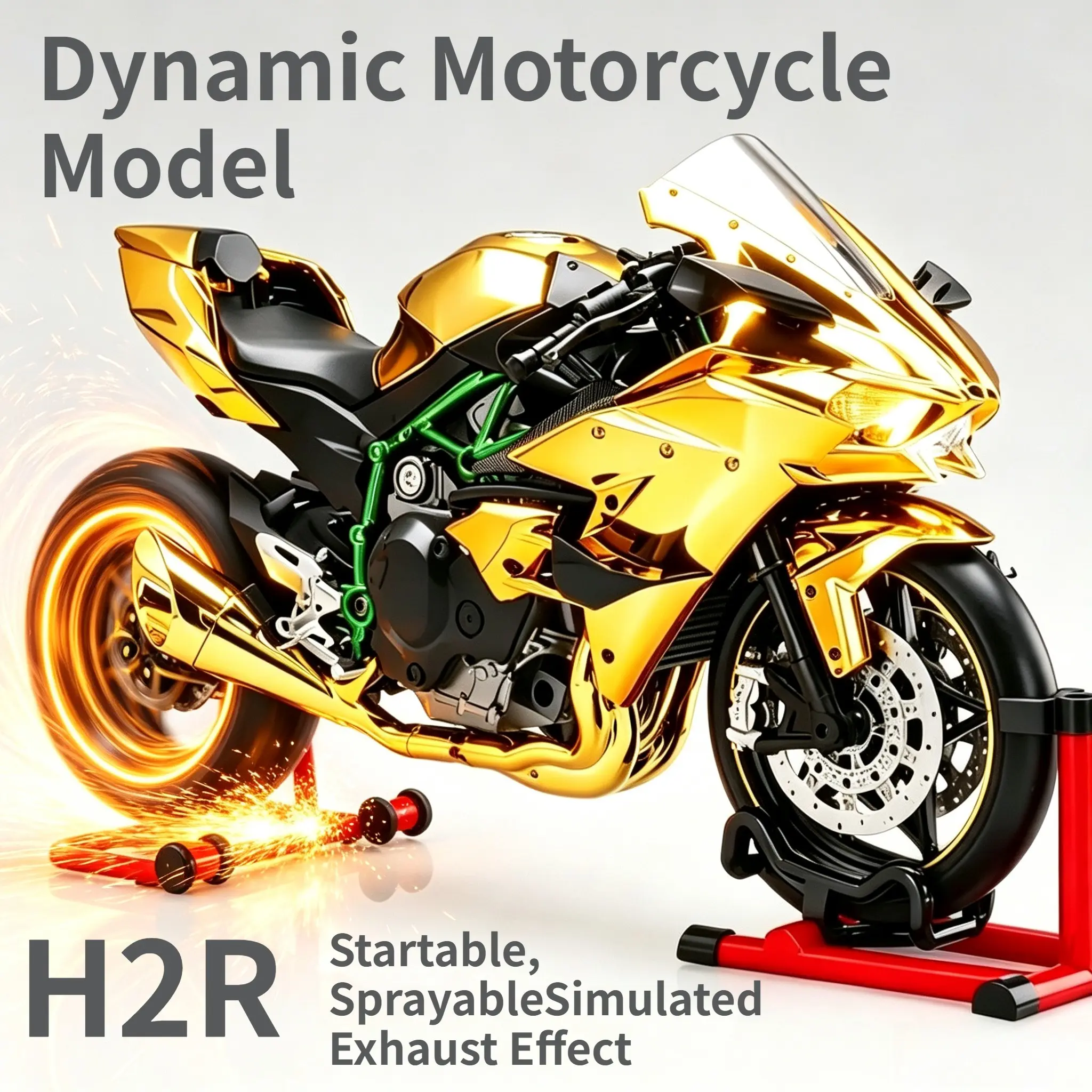 Large Scale Dynamic Motorcycle Alloy Model, Startable with Throttle Function, Spray Version with Exhaust Simulation, Ideal Gift and Collectible
