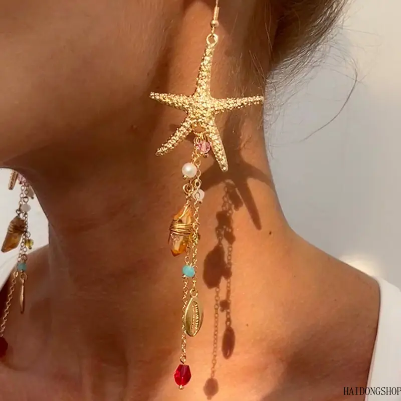 Coastal Vacation Viral Ocean Starfish Jellyfish Alloy Drop Earrings For Women, Shiny Crystal Tassel Dangle Ear Jewelry, Luxury Summer Accessory For Beach Party Daily Travel Styling,Halloween,Cartoon,Set