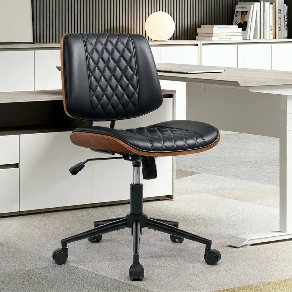Ergonomic Modern Armless Office Desk Chair – Adjustable Mid-Back, PU Leather, Rolling Swivel Wheels, Space-Saving, Ideal for Computer, Home Office, Meeting Room