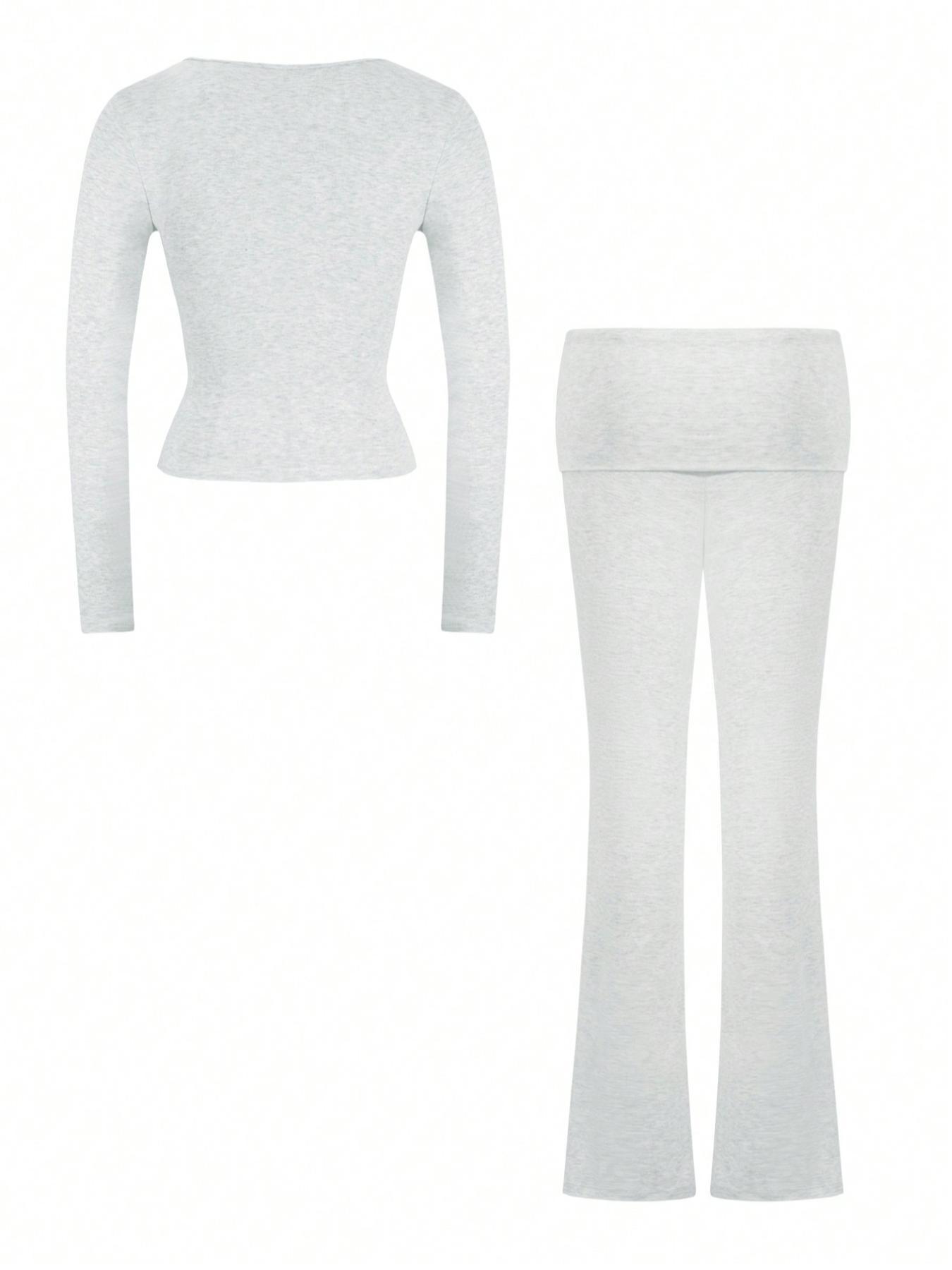 Women's Solid Color Square Neck Crop Tee & Flare Leg Pants Two-Piece Set, Casual Fashion Cozy Two Piece Outfits for Daily Outdoor Wear,Airport Outfit, Cropped Top