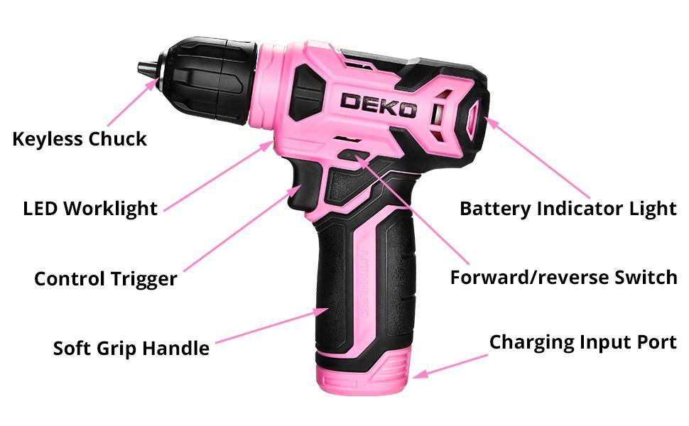 Drill Set, Home Tool Set with 8V Pink Cordless Drill, Hand Tool Kit for Women, 126 pcs