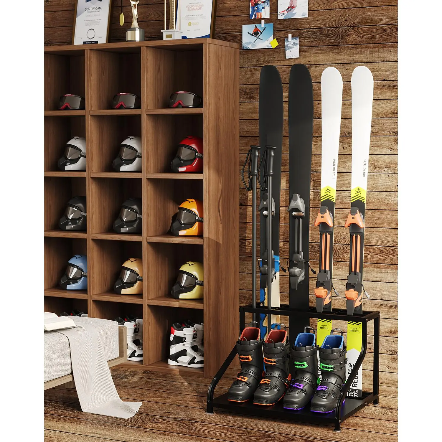 Heavy Duty Freestanding Steel Ski Storage Rack for 4 Pairs – Multipurpose Organizer for Skis, Snowboards, Boots, Poles, Helmets & Goggles – Floor Stand Gear Holder for Garage, Basement, Mudroom, Home
