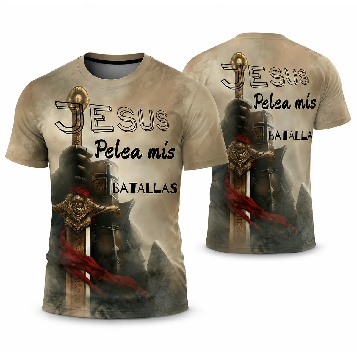 Men's Jesus Fights My Battles Graphic T-Shirt, Spanish Christian Knight Sword Print, Beige Short Sleeve Crew Neck Faith Shirt for Daily Wear and Gifts