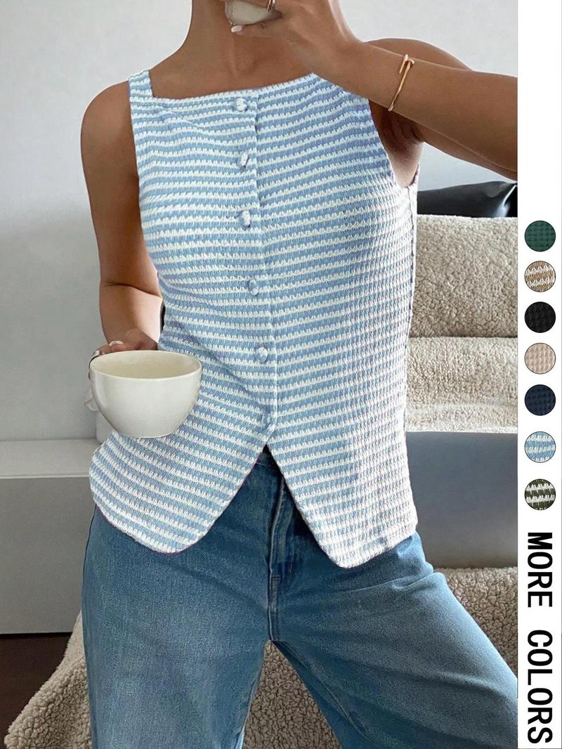 Women's Square Neck Tank Top Sleeveless Button Closure Top for Daily Wear, Ladies Clothes for All Seasons, Cropped Cami Top