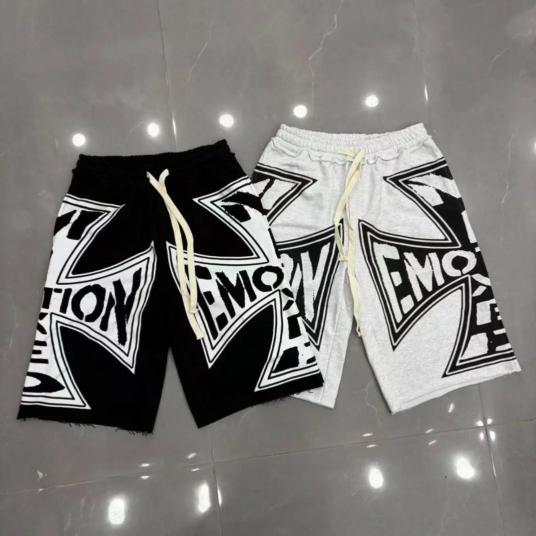 Trending Mixed Emotion Unisex Graphic Cotton Sweat Shorts Oversized Streetwear Raw Hem Loose Fit Drawstring Casual Hip Hop Summer Shorts for Men Women Y2K Fashion Lounge Wear Gift