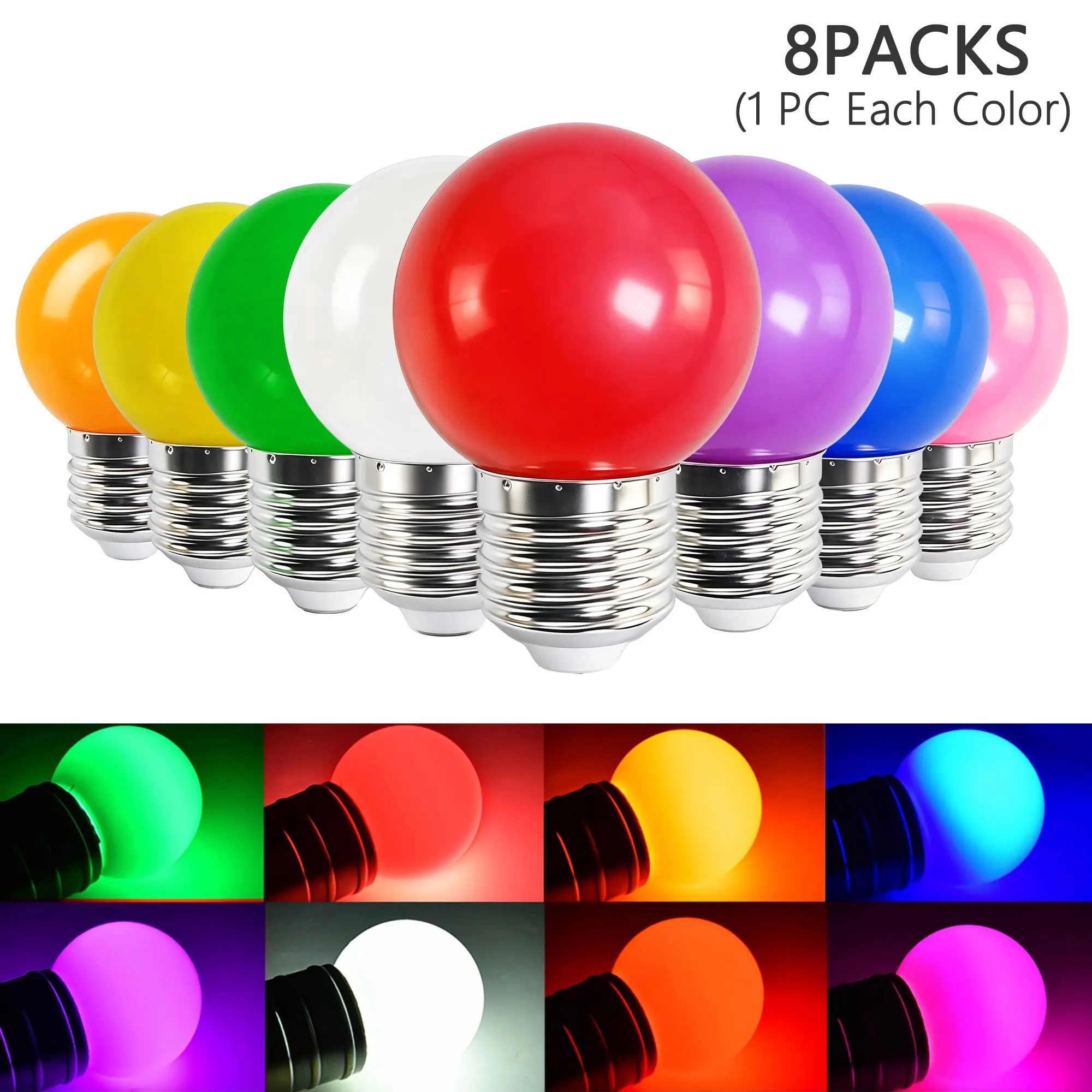 Kasotile 3w Low Power Colorful LED Bulbs, 8-Pack Multi-Color, E26/e27 Base, Ideal for Stairs, Bars, Parties, Holiday Decorations