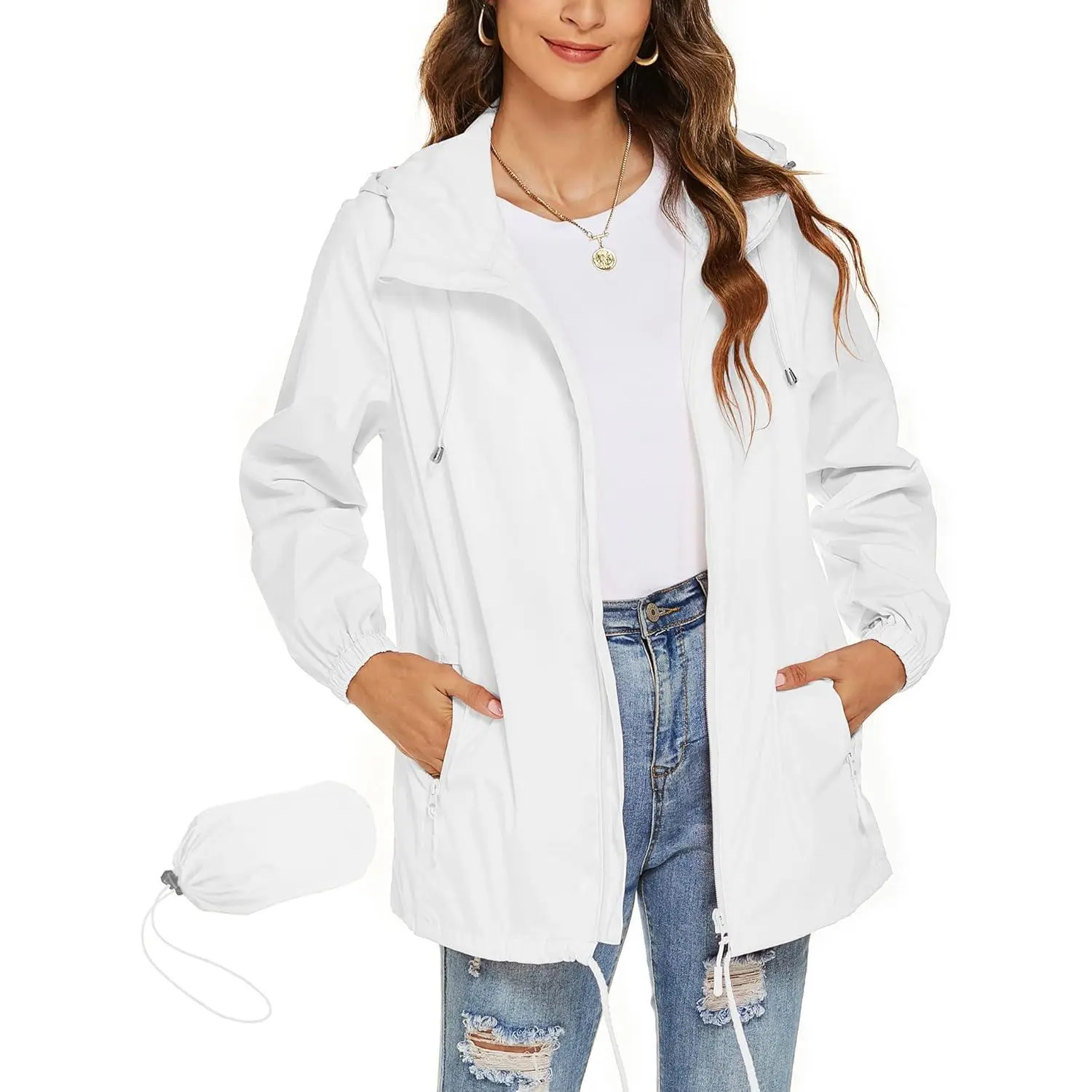Women's Lightweight Waterproof Rain Jacket, Breathable Hooded Windbreaker with Pockets, Quick-Dry Fabric and Adjustable Hem for Outdoor Travel, Pu Leather, Mid-Length, Basic, Coats, Outerwear, Lady, Zipper