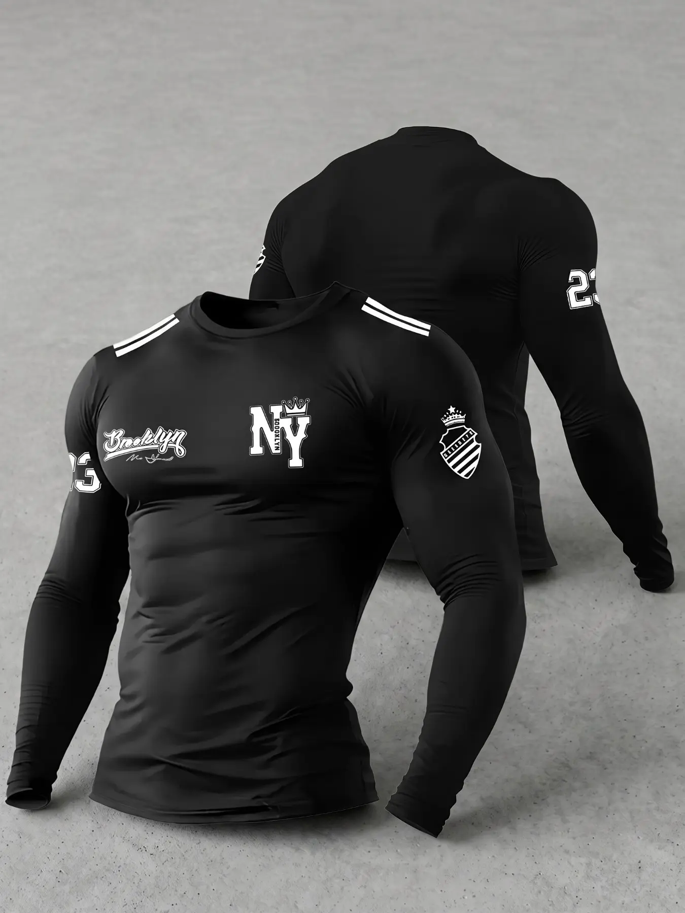 Polyester Men Slim Fit Crew Neck Long Sleeve Compression T-Shirt, Y2K Brooklyn NY 23 Crest Front Back & Shoulder Stripe Graphic Tee, Varsity Sport Streetwear Tops, men clothing, menswear clothing, accessories for men, ropa caballero hombre, For Spring Fal