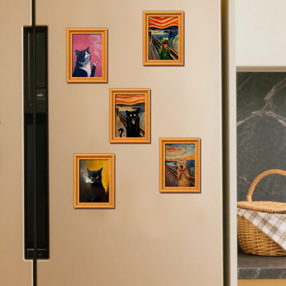 Cross-Border New Black Cat Series Oil Painting Style Screaming Kitten Photo Frame Wooden Retro Magnetic Fridge Magnet