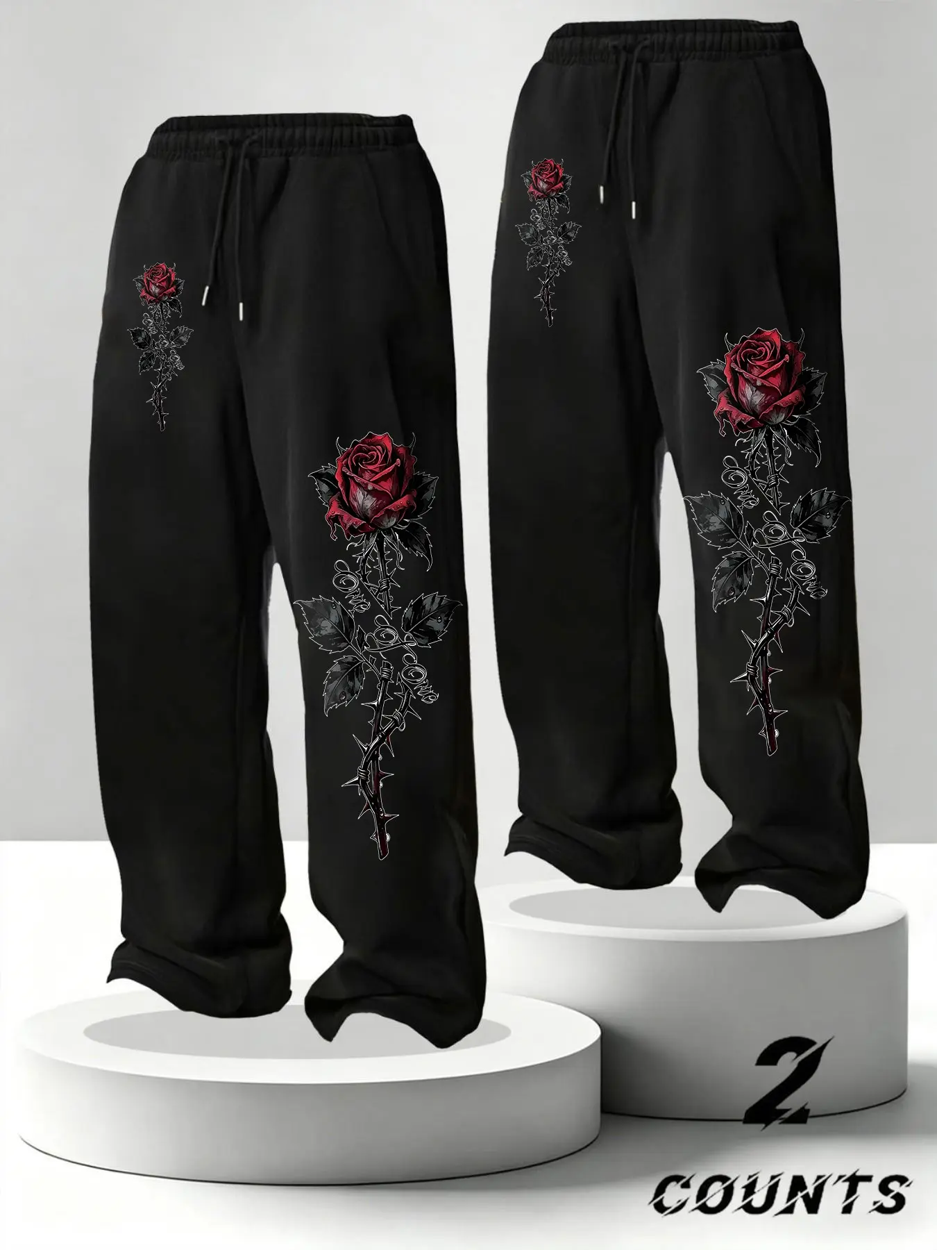 Gothic Rose Thorn Print Men's Sweatpants, Elastic Waist Casual Comfy Drawstring Loose Wide Leg Streetwear Long Pants, 2 Pieces Set