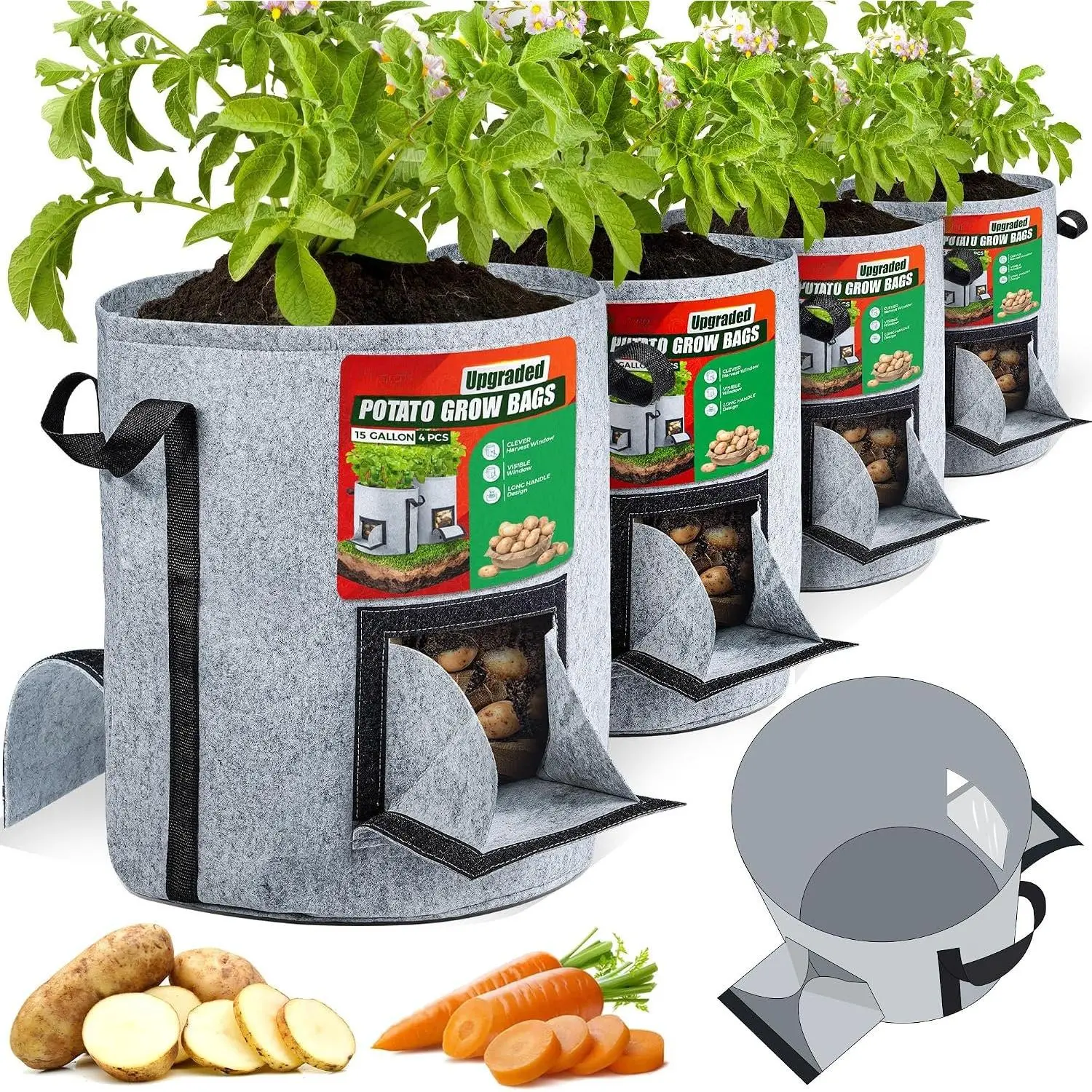 [Upgraded] 4 count 15-Gallon  Grow Bags with  Harvest Window, Visible Window, Garden Planting Bag with Reinforced Handle, Nonwoven Fabric Pots for Tomato,  Growing Container - Grey