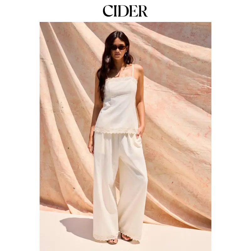 Cider Linen-blend Lace Square Neck Cami Top & Mid Rise Wide Leg Trousers Set SohoChic