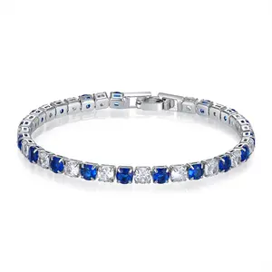 Alternating Blue & White CZ Tennis Bracelet, Square Cut Simulated Sapphire & Diamond Silver Plated Jewelry