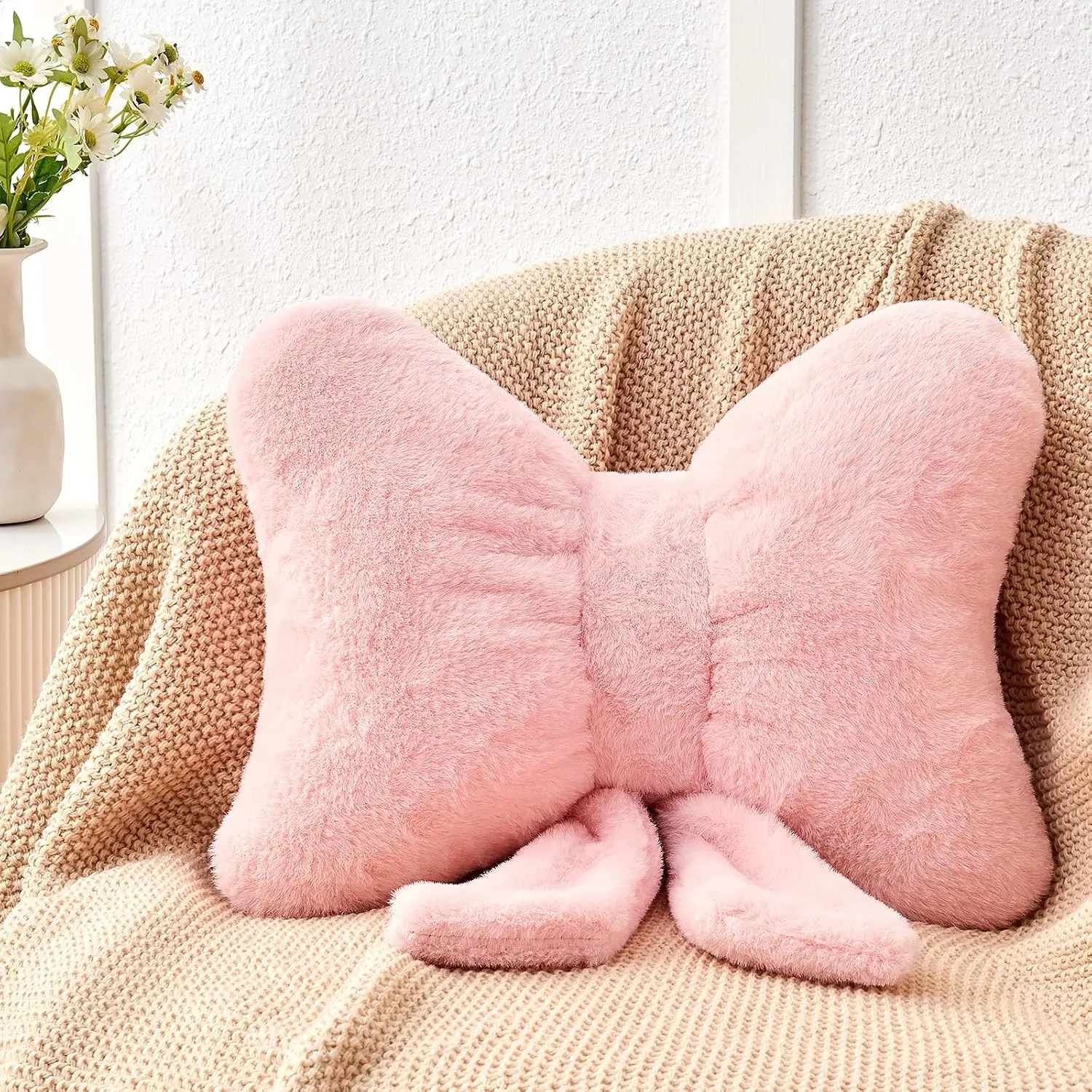 Bow Pillow,12'' Bow Shaped Pillow with Faux  ,Soft Bow Throw Pillows Aesthetic Bow Decorative Pillows for Bed Sofa Couch  Decor