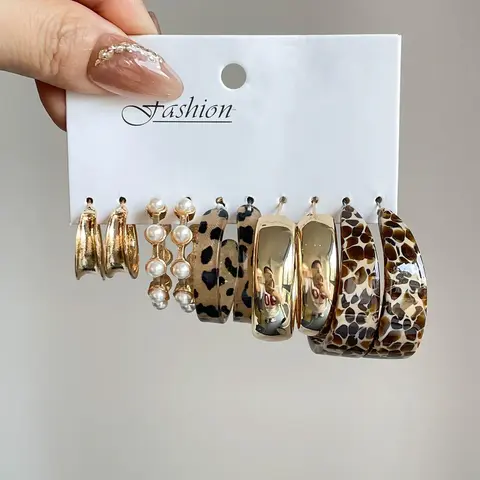 5 Pair Leopard Pattern Stud Earrings Set, Geometric Design Party Jewelry, Alloy Material, All Seasons Wear, Trendy Ear Accessories, Fashionable Earrings