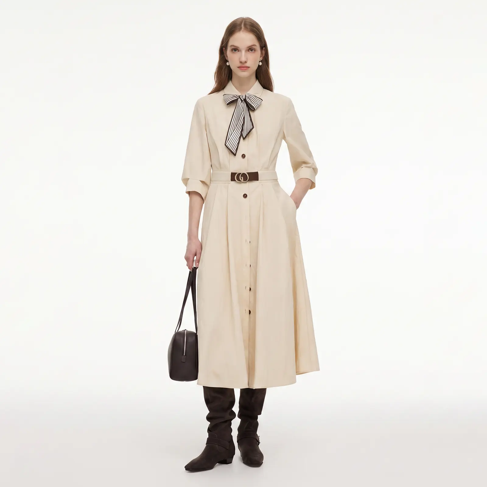 GOELIA Cotton Blend 3/4 Ruched Sleeve Women Belted Maxi Shirt Dress With Silk Scarf for Ladies