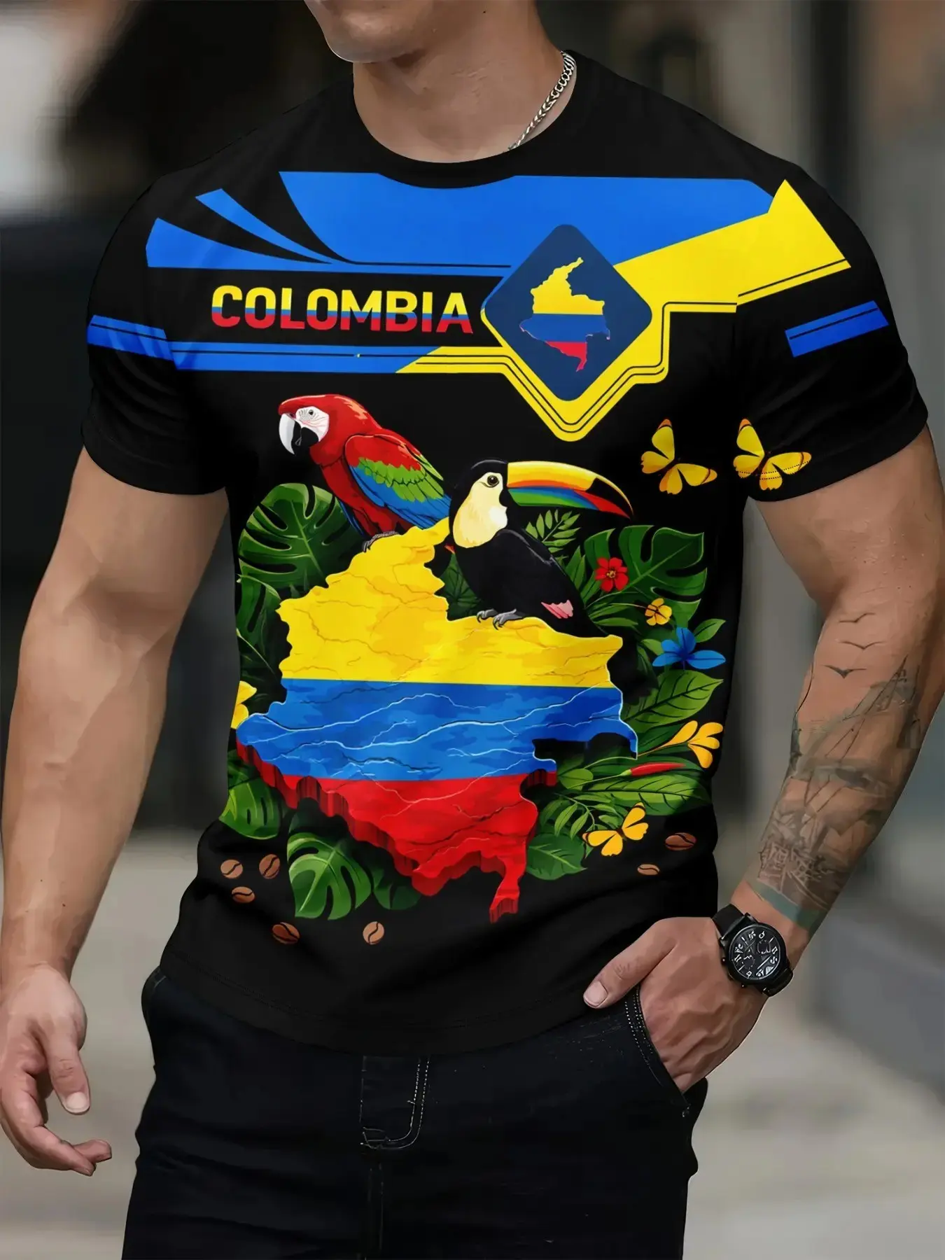 Men's Columbia Map Tropical Toucan Parrot Print Short Sleeve Round Neck Slim Fit T-Shirt, Casual Sporty Style, All Seasons, Essential Men's Fashion
