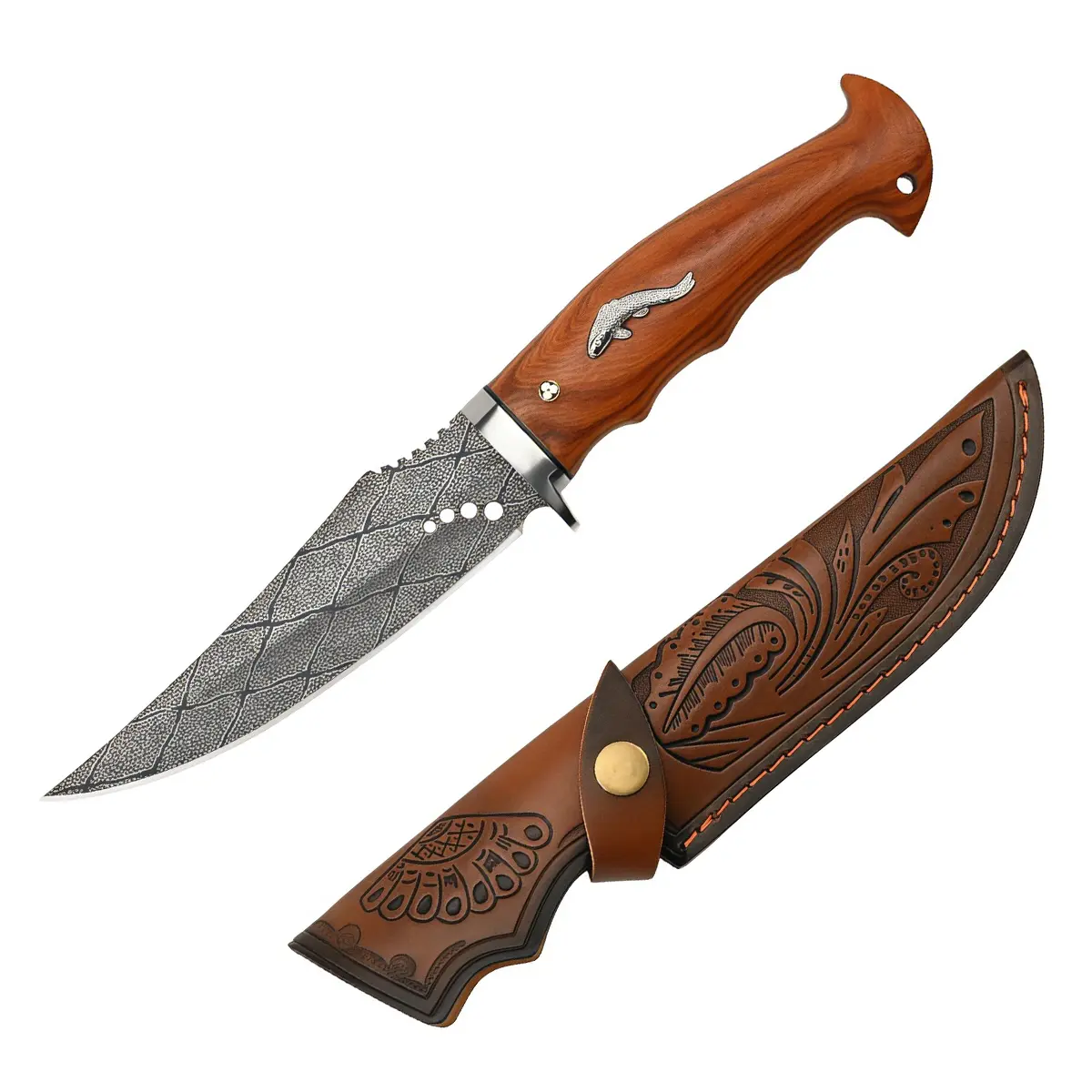 Fixed Blade Knife, 3Cr13 Stainless Steel Blade HRC 58, Pattern Etched Blade, Ergonomic Rosewood Handle, Leather Sheath Included, Camping Backpacking Hiking Field Gear,, Father’s Day Christmas Birthday Present For Men And Outdoor Hobby Collectors
