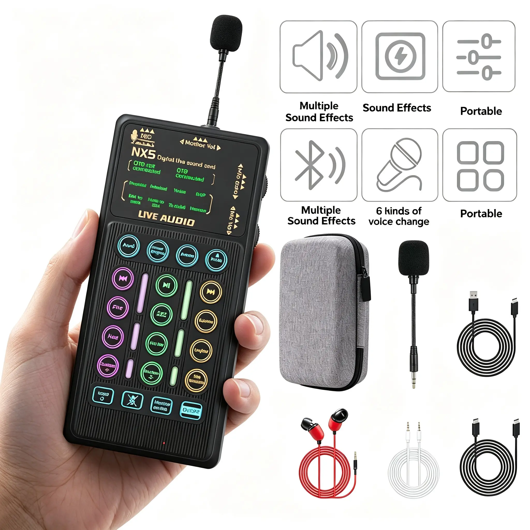 Handheld mixer sound card, portable reverb tuner audio interface, multiple sound effects, suitable for mobile phones, broadcasting, live streaming, singing, and shooting