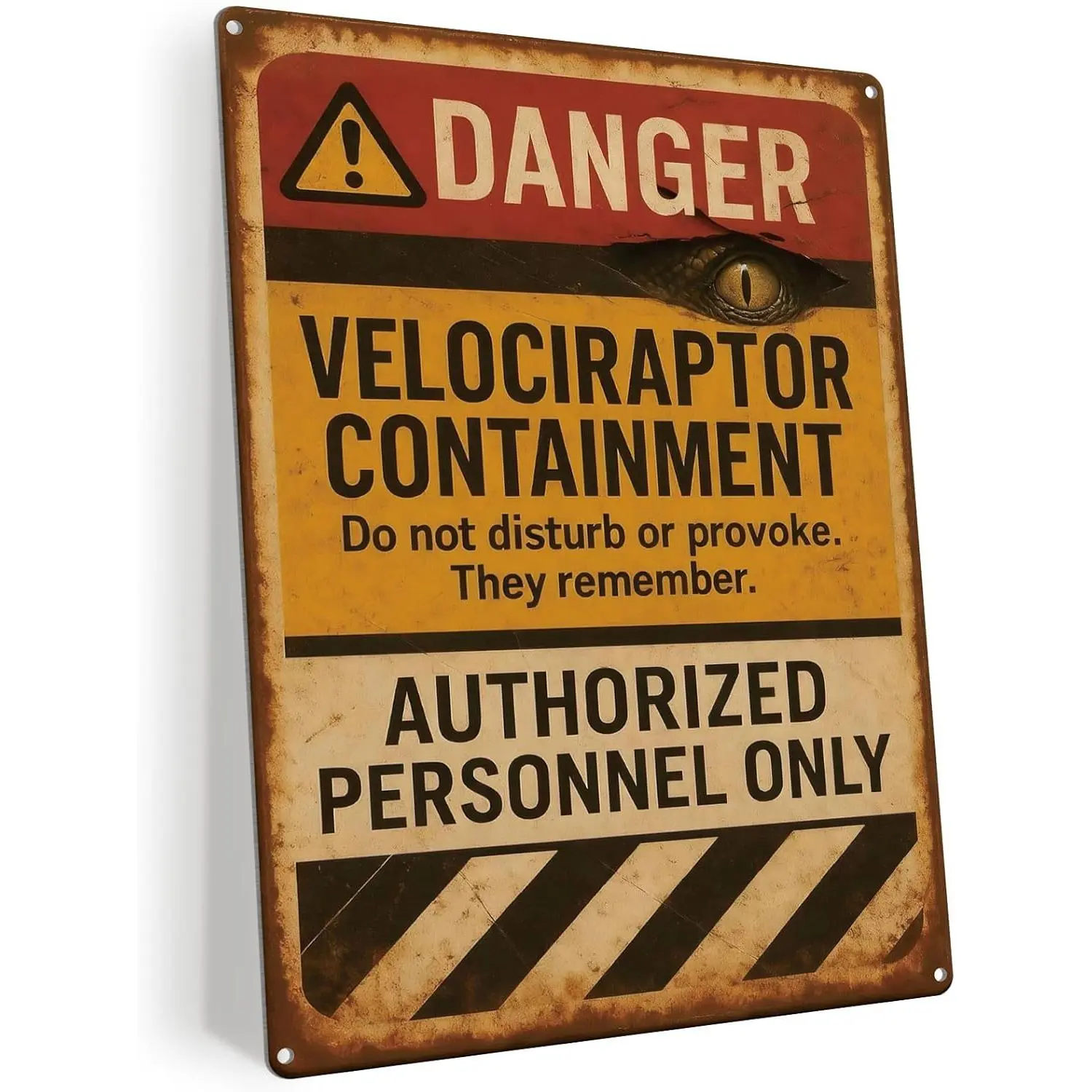 Vintage Velociraptor Dinosaur Warning Sign - Authorized Personnel Only Rustproof Fade-Resistant Rectangular Aluminum Plaque, Decorative Indoor/Outdoor Door Signage for Office, Garage Home Decor