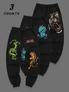 Men's 3-Piece Set Dragon Tiger Totem Print Sweatpants, Drawstring Joggers, Streetwear Sportswear, Loose-Fit, All Seasons