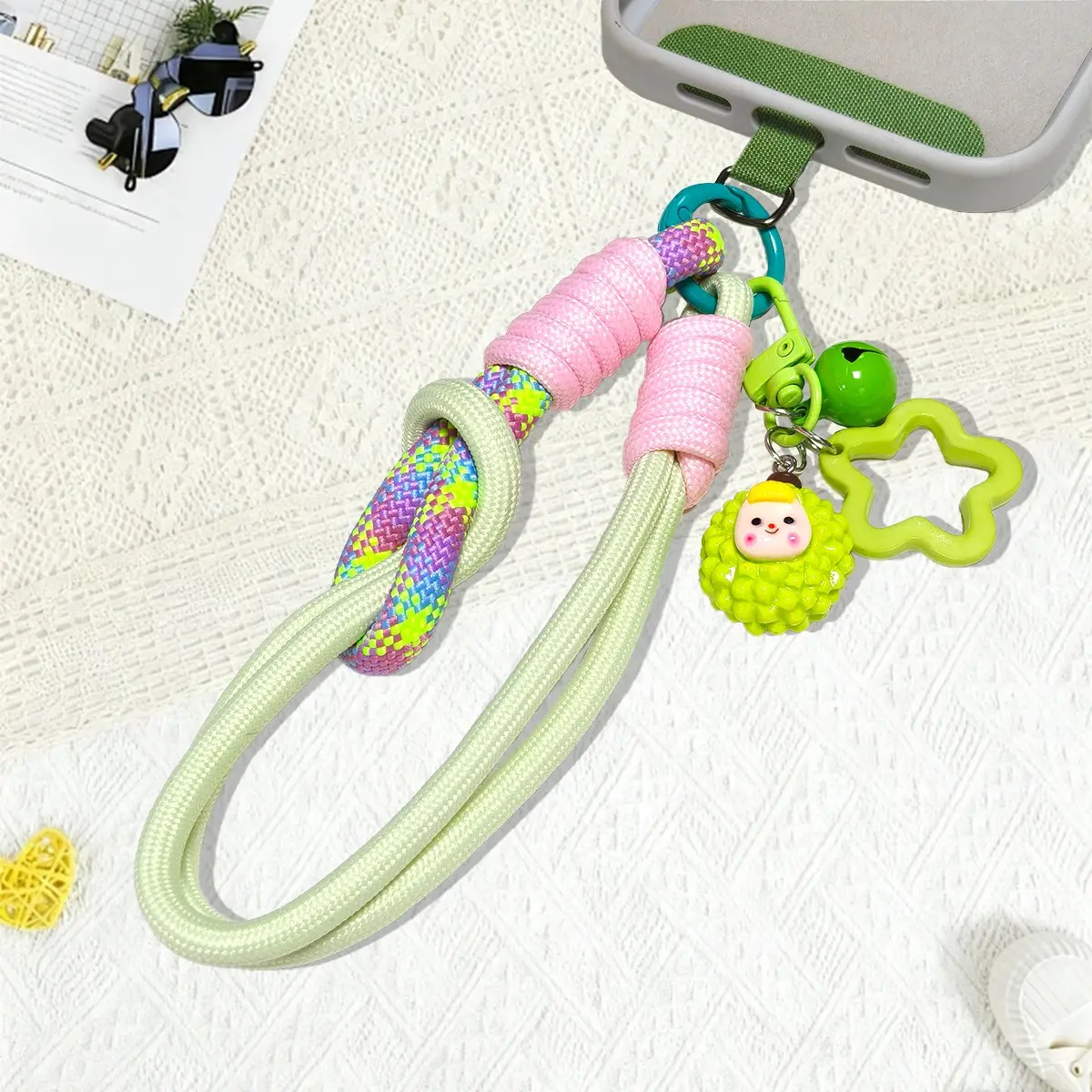 Cute Braided Phone Lanyard with Cartoon Doll Pendant, Soft Nylon Rope Bracelet, Universal Anti-Loss Phone Chain for iPhone Samsung