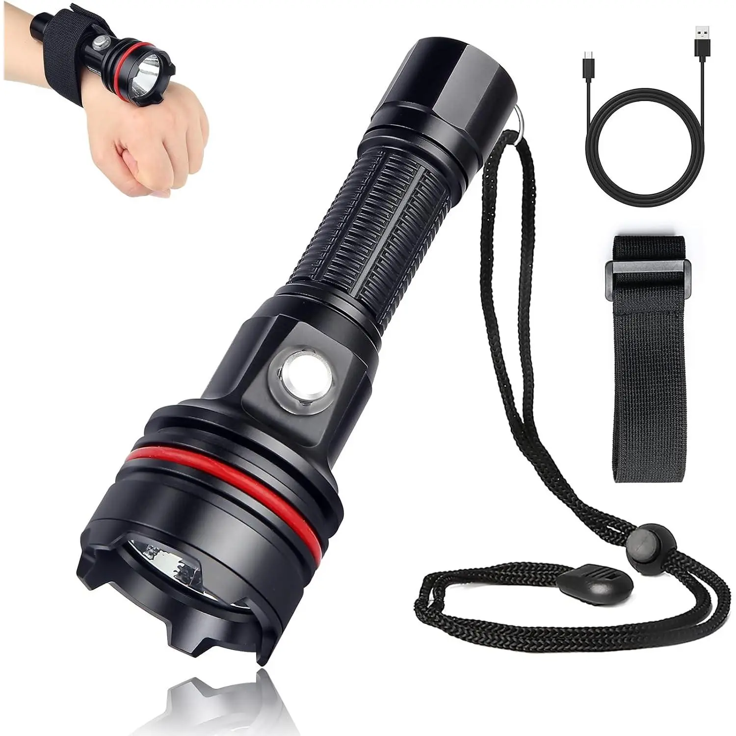 2000 Lumens Underwater Flashlight with Hook and Loop Straps - 6 Modes Super Bright Diving Torch, USB-C Rechargeable, IP68 328FT Dive Light for Scuba Diving, Night Diving & Snorkeling