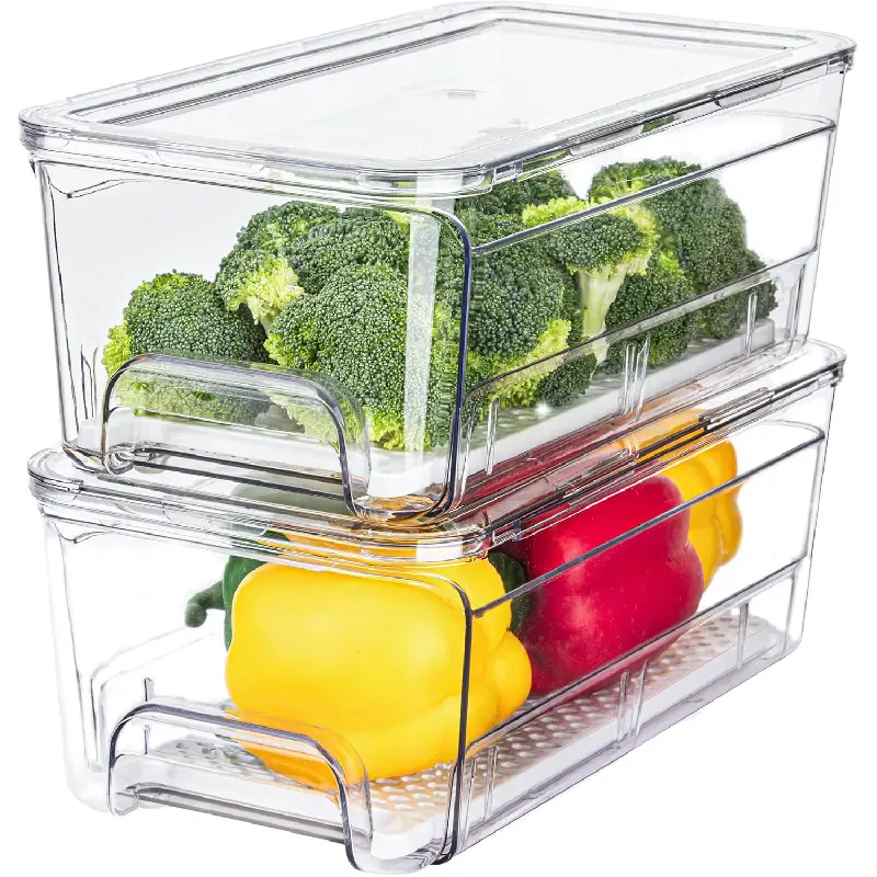 Fridge Organizer Drawer 2 Pack, Pull Out Refrigerator Storage Bins with Lid, Stackable Produce Saver Containers for Fruits & Vegetables, Kitchen Must Haves & Home Organization