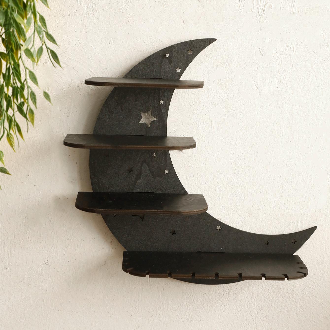 Moon Shaped Wall Mounted Shelf, 1 Count Wooden Wall Hanging Storage Rack, Wall Mounted Holder, Wall Mount Design, Wall Decor for Home Interior Living Room Bedroom, Home Decor, Decorations Supplies