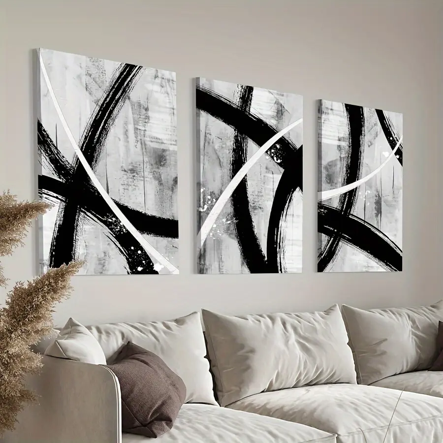 Framed Black and White Abstract Triptych Canvas Wall Art (3-Piece Set) - Clearance Lightweight Artistic 2D Flat Home Decor, Plaid Houndstooth Polka Dot Accent for Living Room, Hanukkah Interior Styling, Marble
