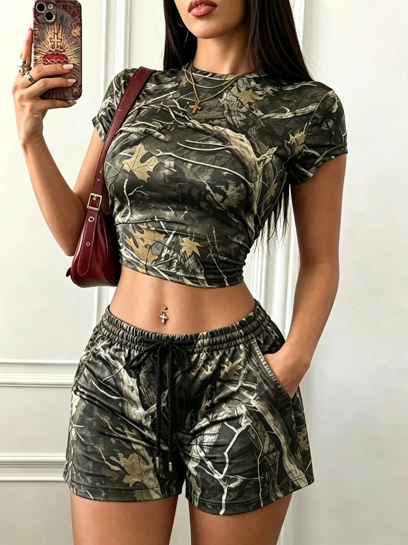 Vintage Y2K Camo Withered Branches Full Print Slim Fit Set, Tight Short Sleeve Top + Elastic Waist Drawstring Shorts, Side Pocket Design