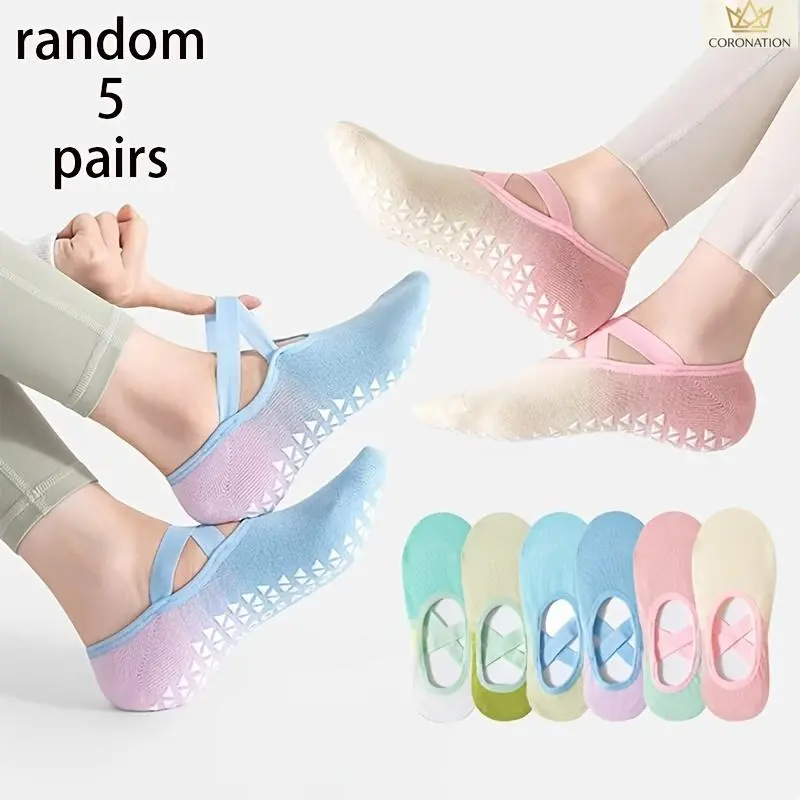 Women's 5-Pair Aesthetic Cross-Strap Yoga Socks with Full Silicone Grip, Non-Slip, Comfortable Stretch for Yoga, Pilates, Indoor Home Training, Random 5 Pairs, Silicone Sole, Aesthetic Look