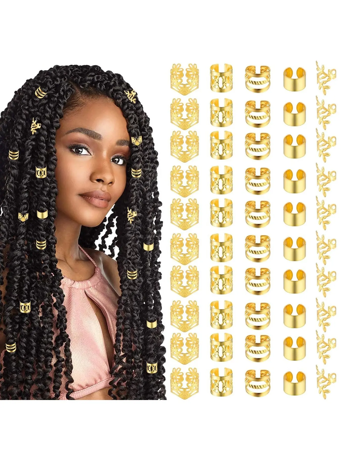 50pcs Gold Versatile Unisex Hair Jewelry for Braids Accessories Loc Jewelry for Hair Dreadlocks Adjustable Hair Rings Hair Cuff Hair Charms Braid Jewelry Hair Beads Decorations for Women Men Pirate Hair Accessories