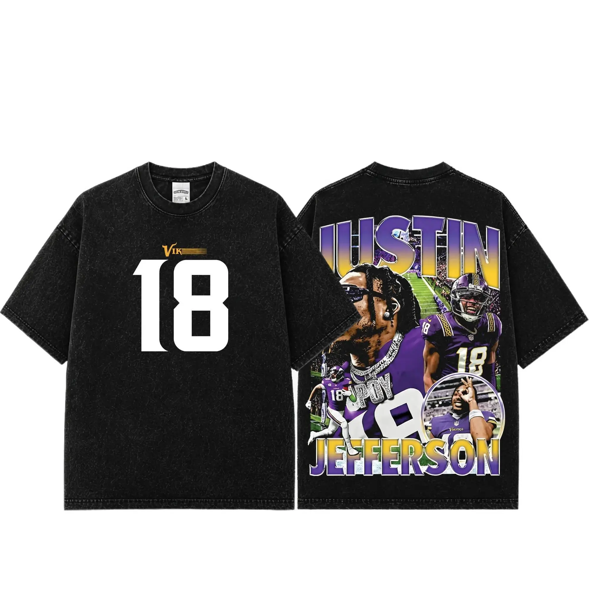[Sale Up To 50%] Unisex Justin Jefferson # 18 Premium Acid Washed Cotton T-Shirt, Heavyweight Vintage Football Graphic Tee, JJettas Fan Shirt, Vikings Game Day Apparel, Oversized Washed Streetwear, Unisex Football Gift