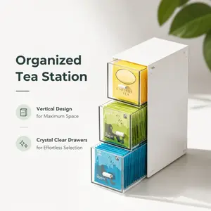 3-Tier Upright Tea & Coffee Organizer. Space-saving vertical design, easy access. Ideal for kitchen countertops to store tea bags, coffee capsules and more.