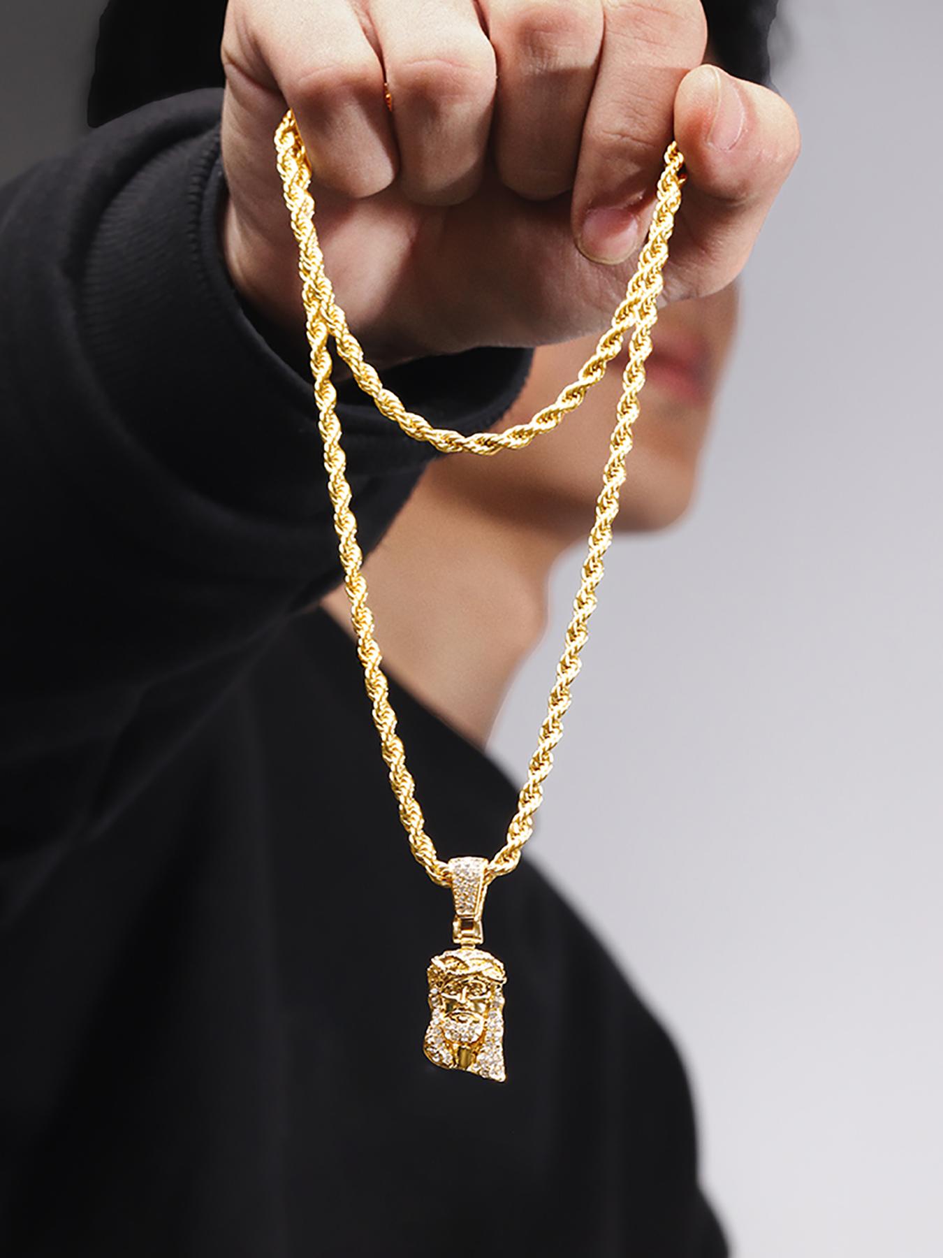 Jesus Head Pendant Necklace, Rhinestone Decor Cuban Link Chain Necklace, Fashion Jewelry for Party, Daily Clothing Decor, Trendy All-match & Exquisite Jewelry for Birthday Gift