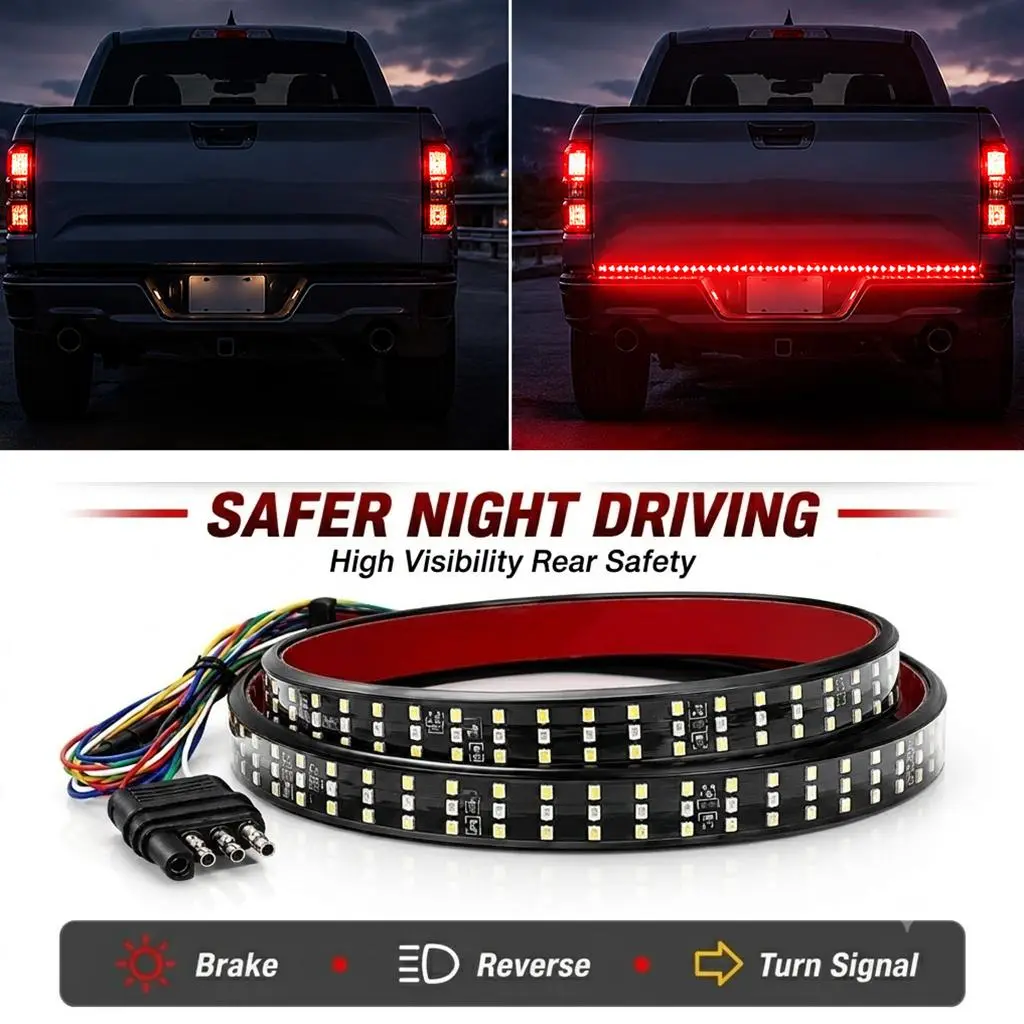 LED Tailgate Light Bar for Safer Night Driving, High Visibility Brake, Reverse & Turn Signal for Pickup Trucks, Triple Row Waterproof Rear Safety Light