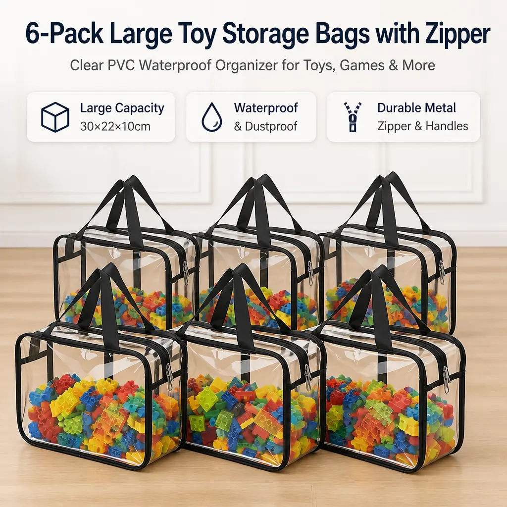 Littleox 6 Pack Clear Storage Bags with Zipper Waterproof PVC Organizer for Board Games Puzzles Books Closet Playroom Organization Containers