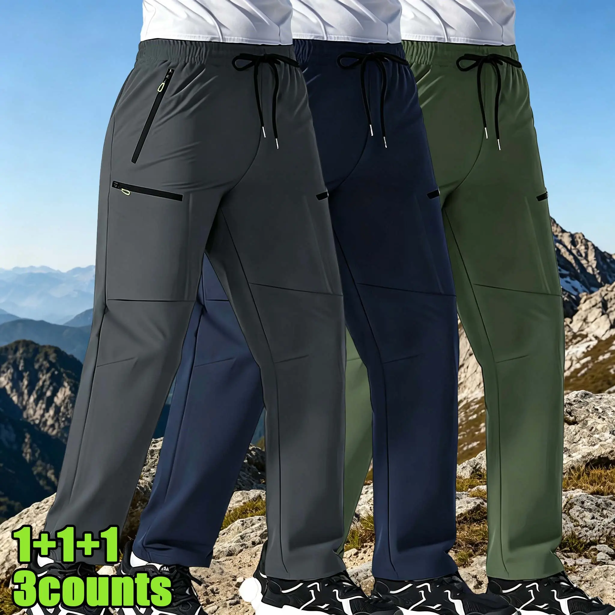 3 Count Summer Mens Functional Hiking Casual Pants | Airy Lightweight Breathable Thin Material, Custom Drawstring Waist for Comfortable Loose Fit, Spacious Zipper Security Pockets to Safeguard Small Items, Three Trendy Solid Tone Straight Cut, Great for O