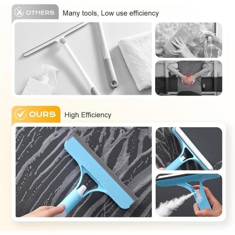 3 in 1 Window Cleaning Scraper, 2025 New Squeegee for Shower Glass, 3 in 1 Spray Function for Glass Doors for Windows Glass, Mirrors Scraper, Brush. All-Purpose Window Cleaner Tool Hands-Free Flat Floor Mop Bucket Set Suction Cup Sponge Holder for Kitchen