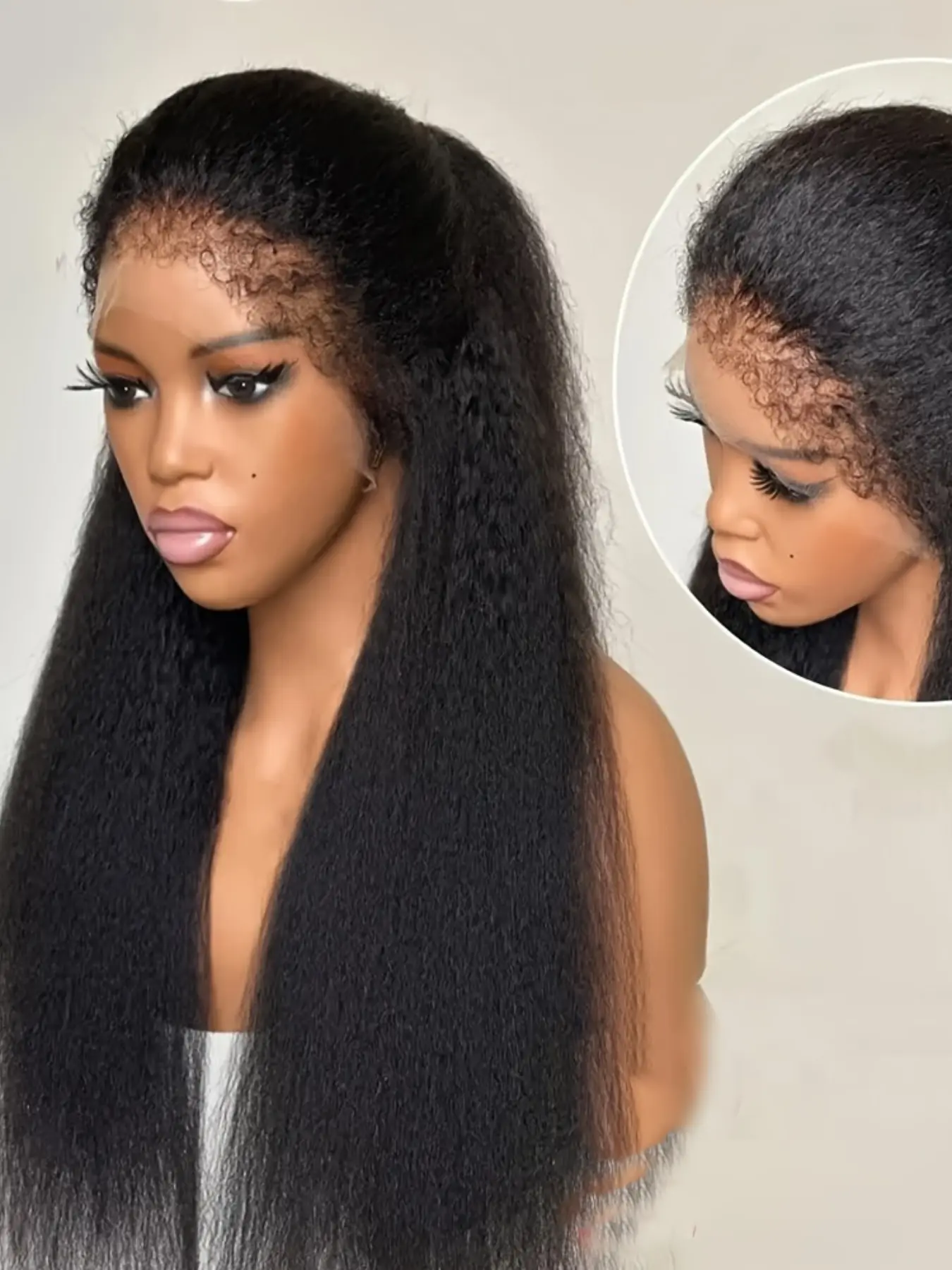 High Density 180% Yaki Fiber Full Head Wig, Natural Black 13x4 Lace Front, Free Parting, Realistic Human Hair Look, 30 Inches Long, Women's Long Hair Cap