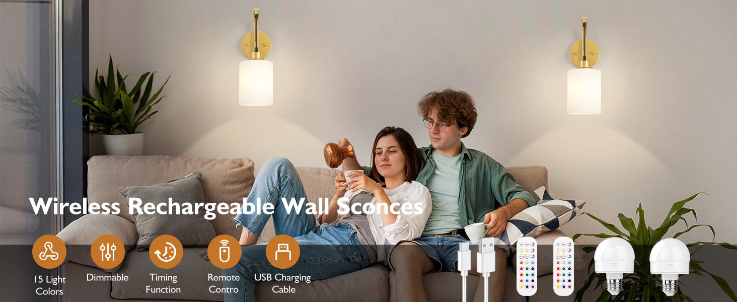 Wireless Rechargeable Wall Sconce Set of Two, 15Colors Battery Operated Wall Lights, 2 Milky Glass Wall Lamps with Remote and Dimmable Bulbs, Indoor Sconces Wall Decor for Bedroom Living Room
