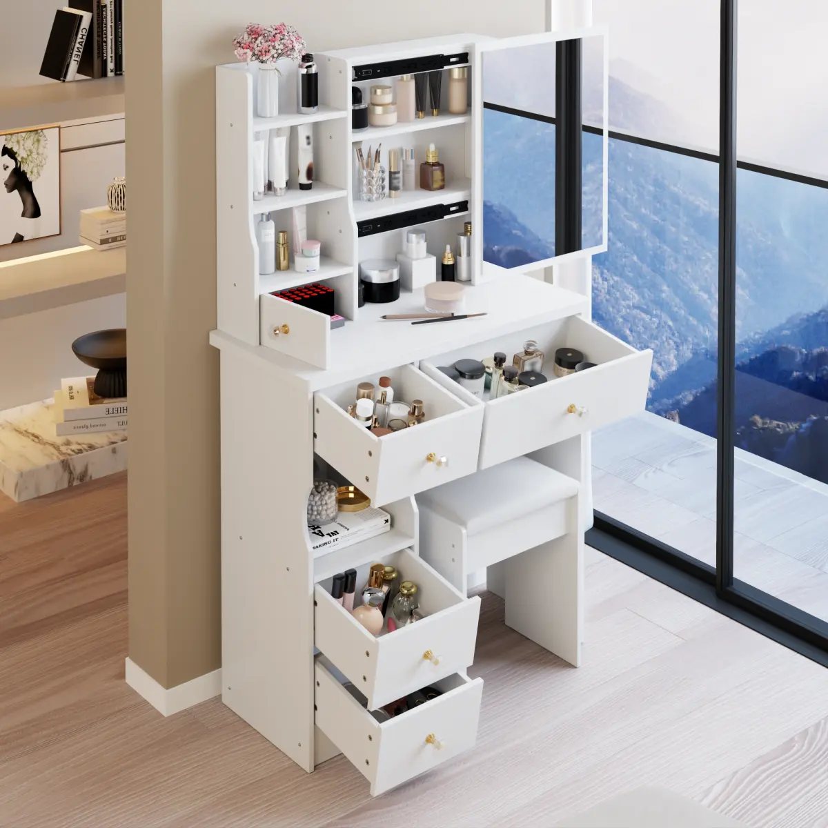 Aobtkel 29.2" Small Space Modern Minimalist Makeup Vanity Table with Stool - Left Drawer, Extra Large Right Sliding Mirror, Multi-Layer Storage, Makeup Organization, Organized Storage, EPA/GCC/UL Certified, Easy Install, Assembly Required, Detailed Videos
