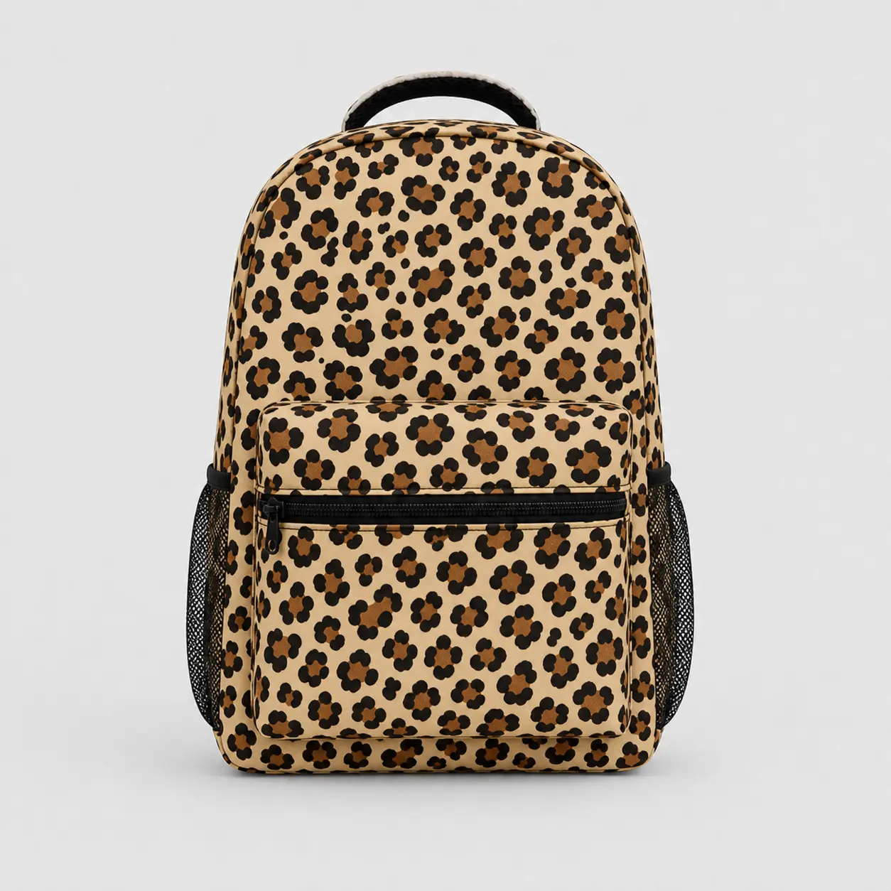 Leopard Print Backpack, Fashion Animal Pattern Daypack with Front Zipper Pocket, Dual Mesh Side Pockets, Top Handle and Adjustable Shoulder Straps for School, Work, Commuting, Travel and Everyday Use